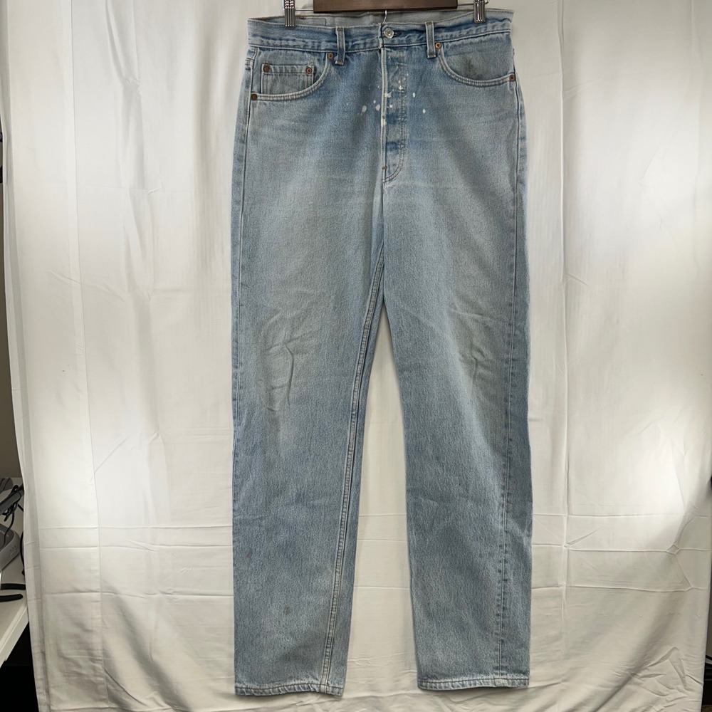 Levis 501 Jeans Mens 35x36 (fit 34x36) Light Blue Made USA Button Fly Distressed